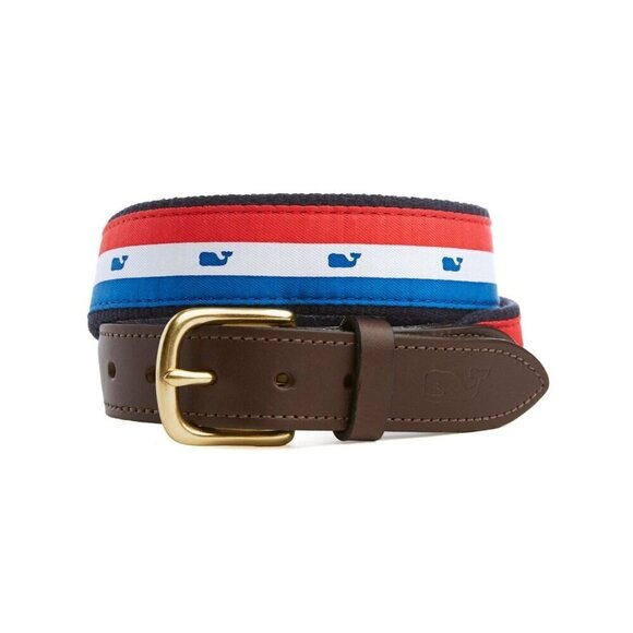 Men's 36 Vineyard Vines Red White Blue USA Stripe Whale Logo Canvas Belt Preppy - Picture 1 of 12